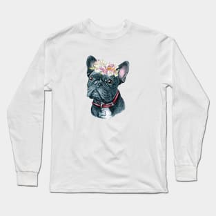 Cute Black French Bulldog with Flower Wreath Art Long Sleeve T-Shirt